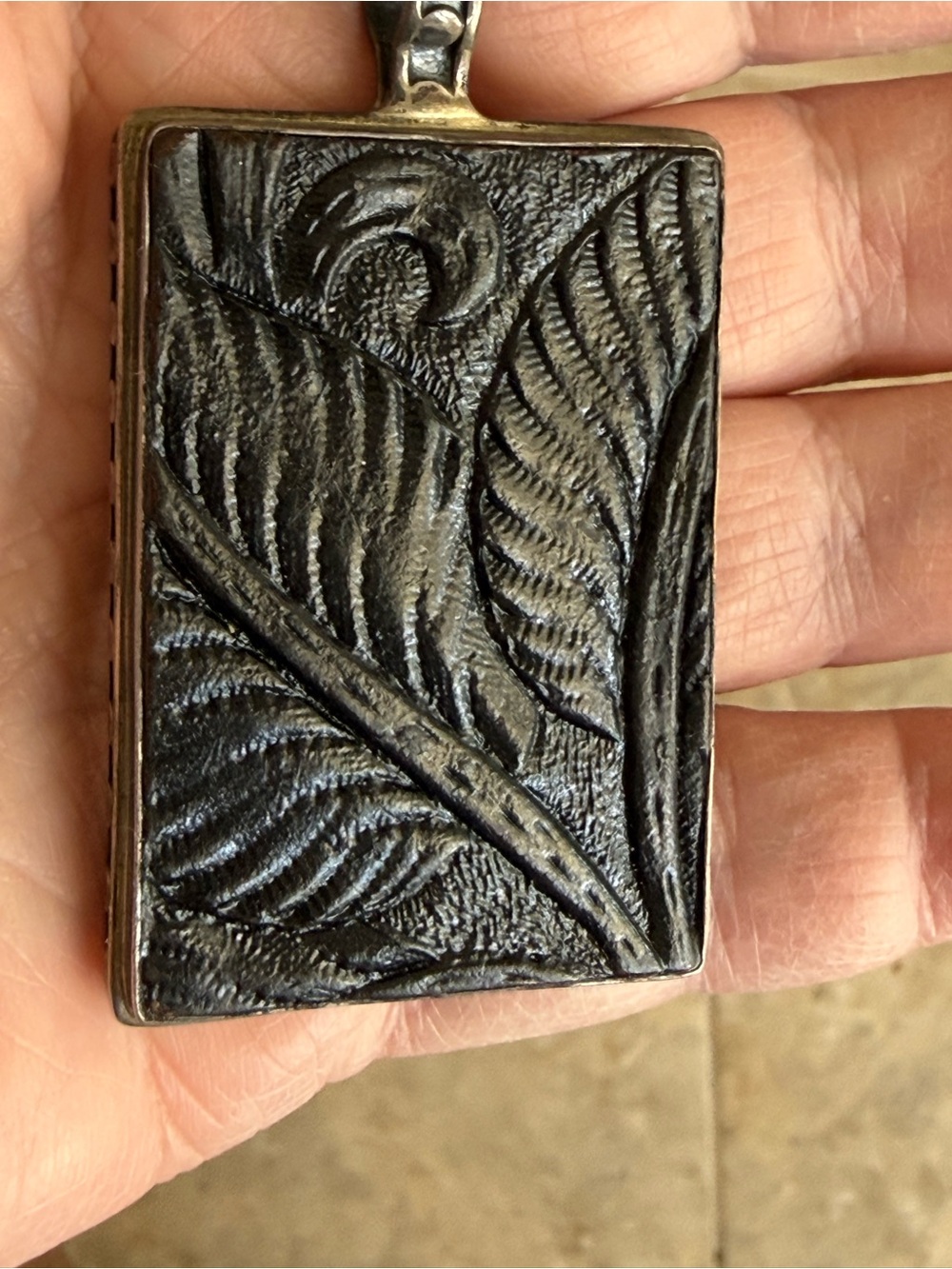Hand embossed Leaf Rectangle Pendant unisex Necklace sterling silver vintage